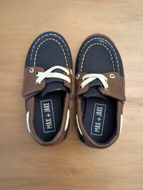 Max + Jake Size 7K 7T Toddler Boys Navy Blue and Brown Velcro Boat Loafer Dress